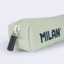 Mint green pencil case, with a navy blue zipper and branding on the side that reads "MILAN"