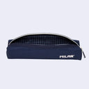 Navy blue pencil case, with a navy blue zip top and branding on the side that reads "MILAN". Shown with a grid pattern inner lining.