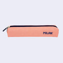 Peach pink pencil case, with a navy blue zip top and branding on the side that reads "MILAN"