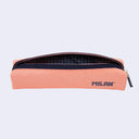 Peach pink pencil case, with a navy blue zip top and branding on the side that reads "MILAN". Inner lining is a grid pattern fabric.