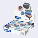 Box of Milan pencil sharpeners with colorful models on a light gray background