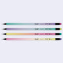 4 black wood graphite pencils with a colorful gradient body and a colorful eraser - either pink, yellow, green or purple.