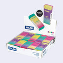 Box of 20 colorful rectangular erasers, with a cardboard sleeving with branding for "Milan - Sunset Series"