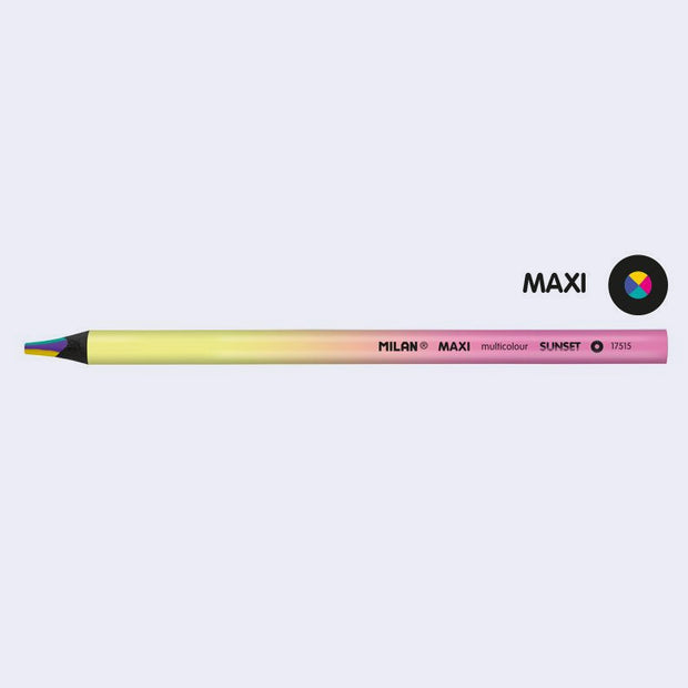 Colorful pencil with 'MAXI' branding on a white background