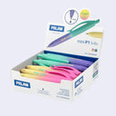 Box of many small ballpoint click pens with colorful gradient colored bodies and branding on the sides that say "milan sunset"