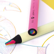 Two colorful pencils on a white surface with abstract drawings.