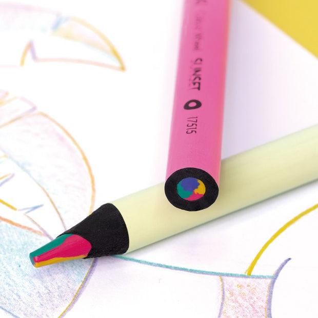 Two colorful pencils on a white surface with abstract drawings.