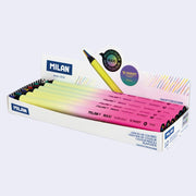 Box of Milan colored pencils that have 4 lead colors in one and its body gradients from yellow to pink.