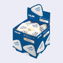 Box of Milan erasers, triangle shaped and white, on a light blue background