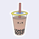 Die cut sticker of a milk tea boba cup with a small smiling cartoon style face in the center of the cup.
