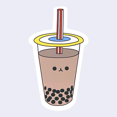 Die cut sticker of a milk tea boba cup with a small smiling cartoon style face in the center of the cup.