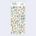 Sheet of colorful stickers with various illustrations on a light blue background