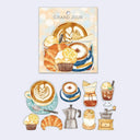 Set of illustrated coffee-themed stickers with 'GRAND JOUR' branding on a light blue background.