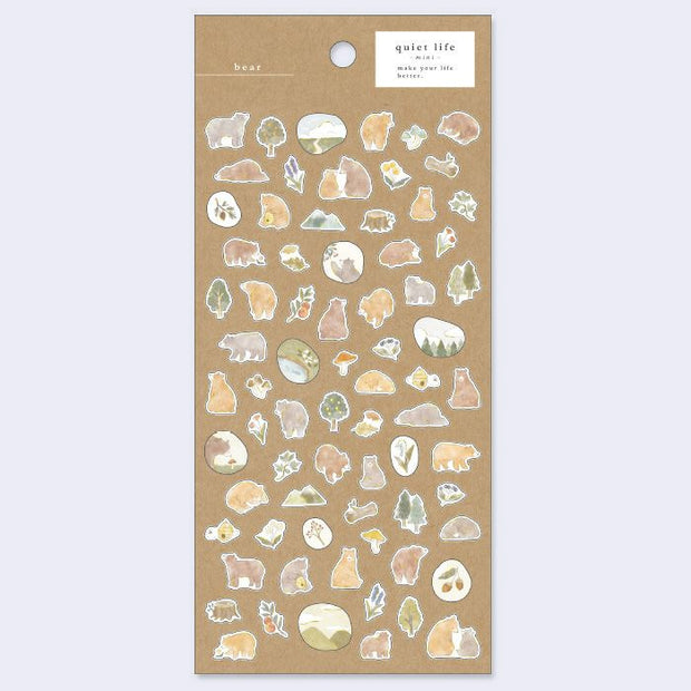 Sheet of nature-themed stickers on a brown paper backing with 'quiet life' branding.