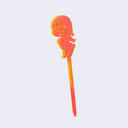 Orange acrylic die cut drink stirrer of a nude cartoon girl, standing with her arms extended behind her back.