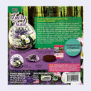 Fairy garden kit packaging with terrarium, stones, and seeds on a forest background