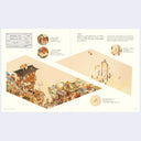 Illustrated book page with a detailed architectural model and text on a white background