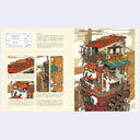 Illustrated book page of a kiosk with various elements and accompanying text