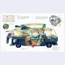 Illustration of a futuristic vehicle interior with various compartments and people inside, on a white background.