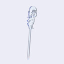 Clear acrylic die cut drink stirrer of a nude cartoon girl, standing with her arms extended behind her back.