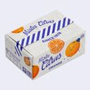 Small cardboard box with branding for Mister Citrus oranges with cartoon oranges on a light gray background