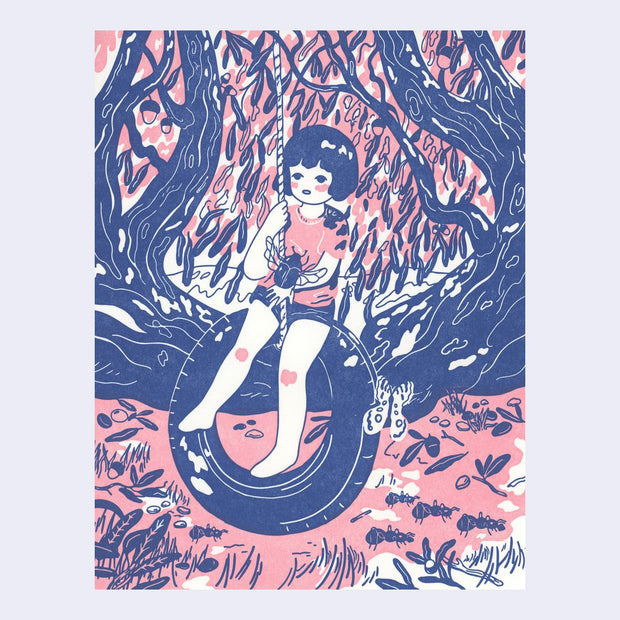 Pink and blue ink letterpress print of a girl swinging from a tire swing with a large tree branch behind her and many bugs flying around and on the ground.