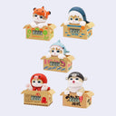Five cartoon animal figurines in boxes with digital clocks on a white background