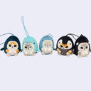 Set of five small animal plush toys with unique designs on a light gray background