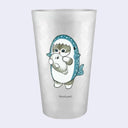 Aluminum cup featuring an illustration of a gray Mofusand cat dressed in a spotted shark costume holding a small seal plush.
