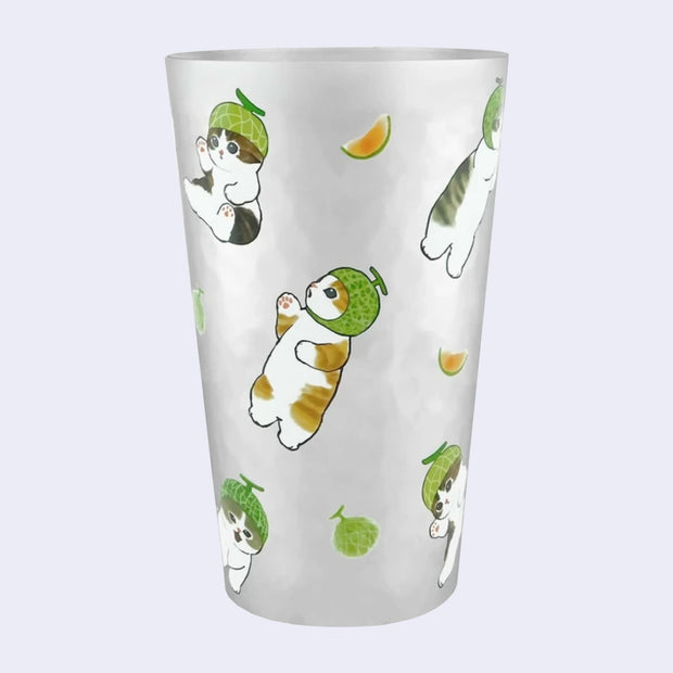 Aluminum tumbler cup with a repeating pattern of Mofusand cats with cantalope melon hats.