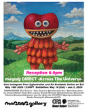 Poster with a red and orange creature in a scenic landscape, featuring text about an exhibition and reception.