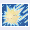 illustration of a yellow starburst shape, it has a facial expression of apathy and star rays behind it, as though falling from a sky.