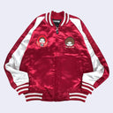 Red satin jacket with white accents and cartoon character patches on a light gray background