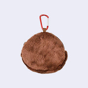 Plush zip top pouch of Monchhichi's head, round, with a red carabiner keychain attached.