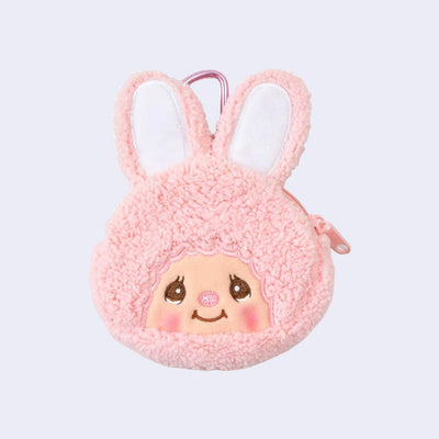 Pink plush bunny-shaped pouch with a face on a light purple background