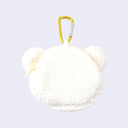 White fluffy pouch keychain with a yellow carabiner.