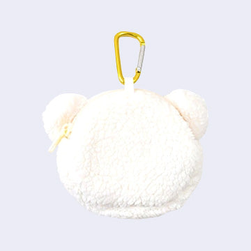 White fluffy pouch keychain with a yellow carabiner.