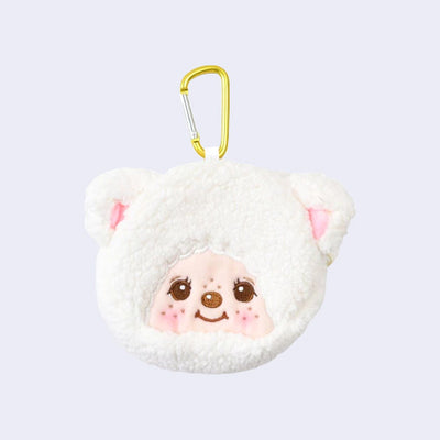 Plush pouch keychain with a cute face design of a freckled white sheep.