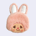 Plush pink coin pouch shaped like a pink bunny's head with a smiling, cute expression.