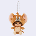 Plush keychain in a mouse costume on a light gray background