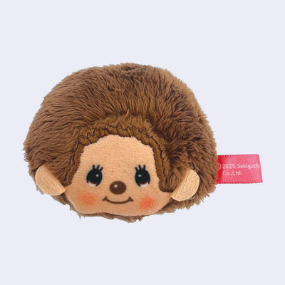 Plush face of a Monchhichi, a cute monkey with cartoon eyes and rosy cheeks. It has a tag coming out of the side of it.