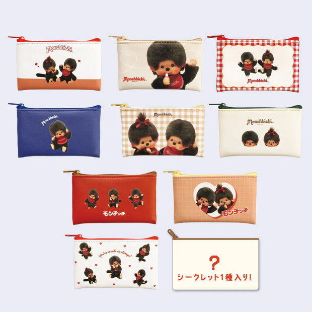 Collection of 10 differently designed pouches with Monchhichi character design.