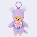 Purple plush Monchhichi monkey keychain wearing a striped bib like a lollipop with text that reads "sweet lollipop"