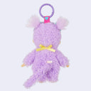 Purple plush Monchhichi monkey keychain wearing a striped bib like a lollipop with text that reads "sweet lollipop"