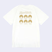 Back of a white t-shirt with a repeating pattern of Moncchichi heads, all with different expressions and text of the expression name below it.
