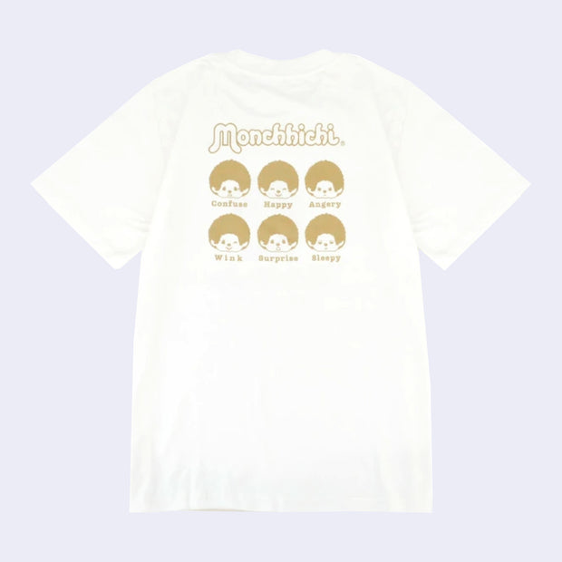 Back of a white t-shirt with a repeating pattern of Moncchichi heads, all with different expressions and text of the expression name below it.