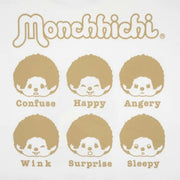Back of a white t-shirt with a repeating pattern of Moncchichi heads, all with different expressions and text of the expression name below it.