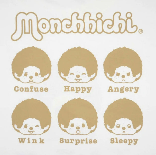 Back of a white t-shirt with a repeating pattern of Moncchichi heads, all with different expressions and text of the expression name below it.