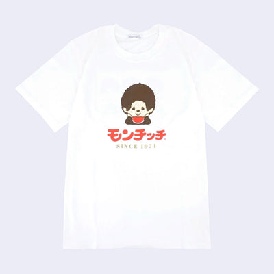 White t-shirt with a Moncchichi monkey design and text below in Japanese, with "Since 1974" below that in English.