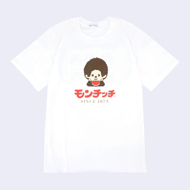 White t-shirt with a Moncchichi monkey design and text below in Japanese, with "Since 1974" below that in English.